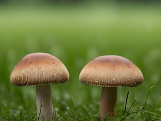 Two Adorable Mushrooms Amid Natural Beauty with Blurred Background.