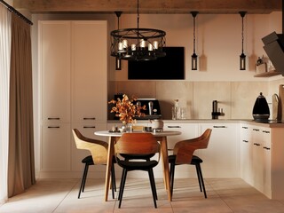 Scandinavian style living room, country house, fireplace, japandi style. 3d rendering