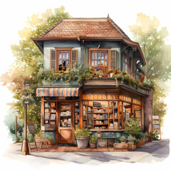 A cute watercolor vintage bookshop frontage with green foliage and trees.