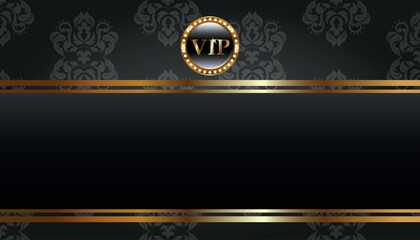 Premium black casino background with golden frame and VIP black button with golden diamonds with floral seamless ornament