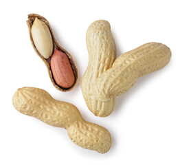 Peanuts in shell and kernel on a white background. Top view