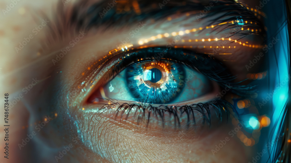 Poster female eye close up with smart contact lens with digital and bio-metric implants to scanning the ocu