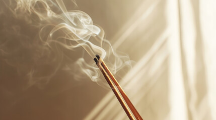 Aesthetic incense sticks with smoke on a light sunny background. Spa meditation concept. Copy space. Generative AI - obrazy, fototapety, plakaty