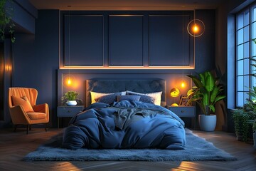 Modern house interior bedroom with dark light