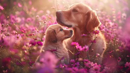 Cinematic photograph of golden retriever dog and baby in a field full of blooming flowers. Mother's...