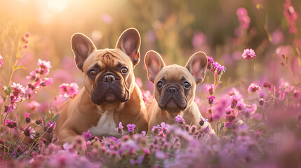 Cinematic photograph of french bulldog and baby in a field full of blooming flowers. Mother's Day....