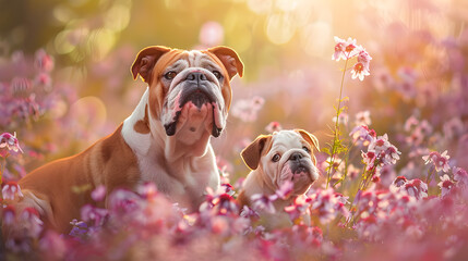 Cinematic photograph of english bulldog and baby in a field full of blooming flowers. Mother's Day. Pink and purple color palette.
