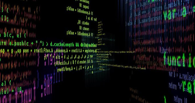 Zoom in lines of computer code in different planes of space. Cyberspace concept, programming language, virus, application creation, artificial intelligence, neural network