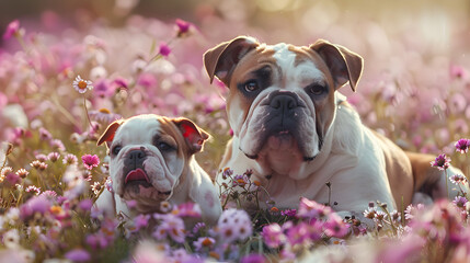 Cinematic photograph of english bulldog and baby in a field full of blooming flowers. Mother's Day. Pink and purple color palette.