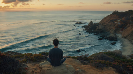 A man sits calmly on the edge of a cliff, gazing out at the vast expanse of the ocean below, the waves crashing against the rocks