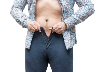 Man trying to fasten tight trousers, isolated on transparent background