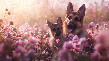 Cinematic photograph of German sheppard dog and baby in a field full of blooming flowers. Mother's Day. Pink and purple color palette. - obrazy, fototapety, plakaty
