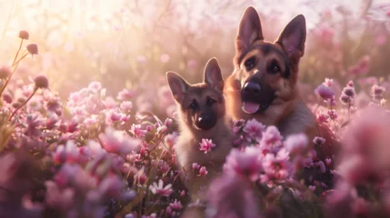 Fotobehang Cinematic photograph of German sheppard dog and baby in a field full of blooming flowers. Mother's Day. Pink and purple color palette. © MadSwordfish