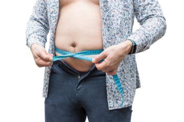 Overweight man with fat belly in unbuttoned tight trousers measure waist with measuring tape, isolated on transparent background