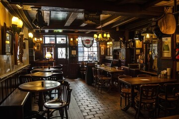 Traditional English pub, with hearty dishes like fish and chips, bangers and mash, and steak and kidney pie being served alongside pints of ale.  - obrazy, fototapety, plakaty
