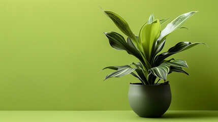 Fototapeta na wymiar A house plant with green wall background