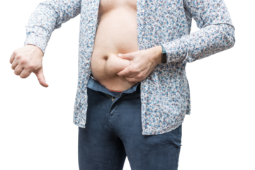 Overweight man in unbuttoned tight trousers holding his fat belly and showing big thumb down, isolated on transparent background