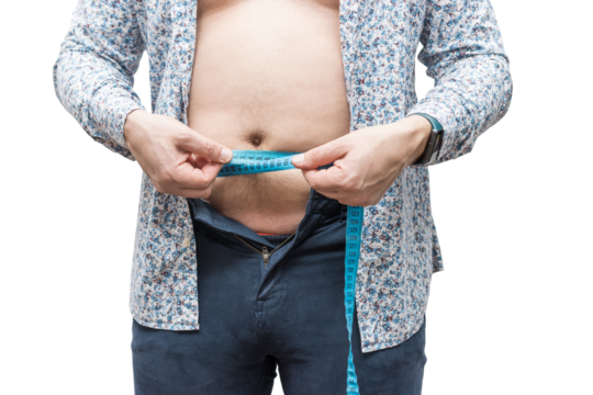 Overweight man with fat belly in unbuttoned tight trousers measure waist with measuring tape, isolated on transparent background