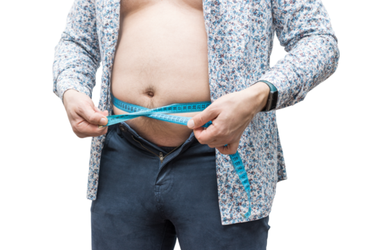 Overweight man with fat belly in unbuttoned tight trousers measure waist with measuring tape, isolated on transparent background