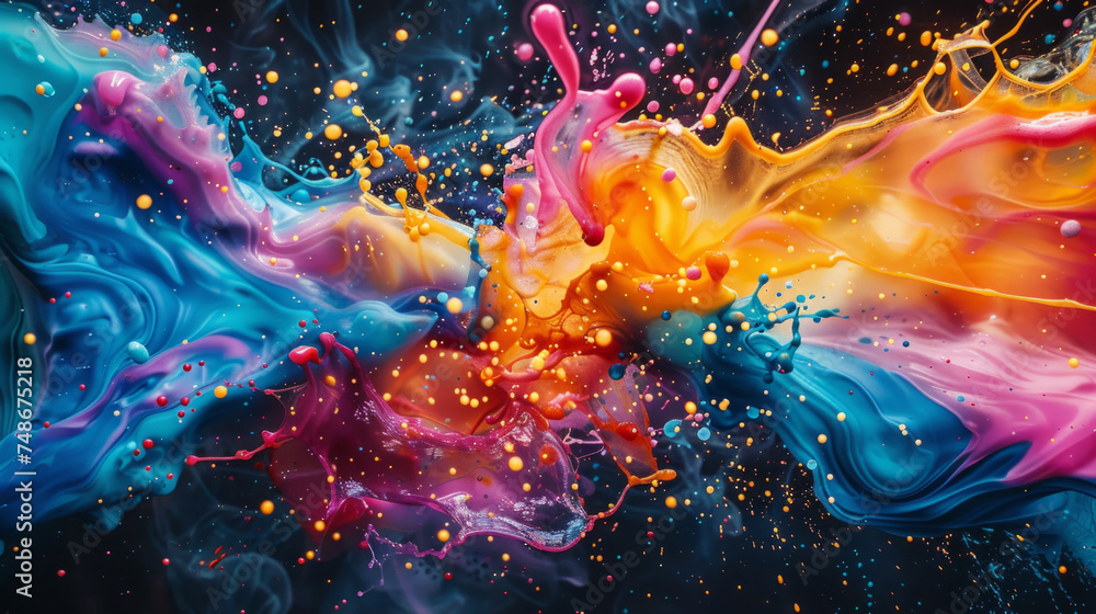 Poster vibrant splash of colors merging on a dark background, depicting a dynamic and artistic abstract con