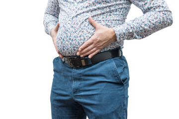 Overweight man in shirt and trousers holding his fat belly, isolated on transparent background
