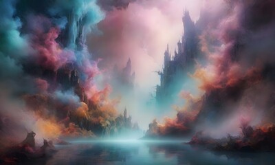 Ethereal spires rise from a reflective water body, creating a mystical landscape bathed in otherworldly light. AI generation - obrazy, fototapety, plakaty