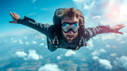 Skydiver in freefall, adrenaline rush high in the sky.