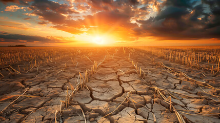 Sunset over a drought-stricken landscape with cracked earth. - obrazy, fototapety, plakaty