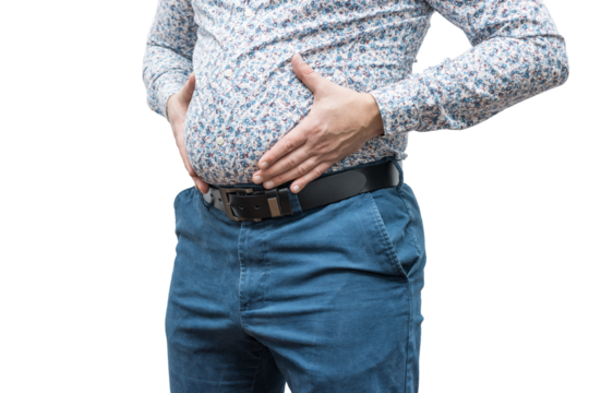 Overweight man in shirt and trousers holding his fat belly, isolated on transparent background