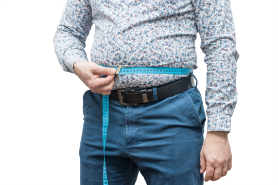 Overweight man with fat belly wearing shirt and trousers measure waist with measuring tape, isolated on transparent background