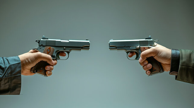 Two hands holding pistols in a standoff against a neutral background. Concept of arms race and conflict.