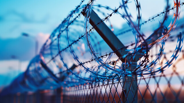 Barbed wire on a fence against a blurred urban backdrop, symbolizing division or security.