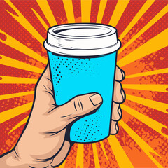 Hand holding a paper cup of coffee. Fast food illustration in pop art retro comic style. - obrazy, fototapety, plakaty
