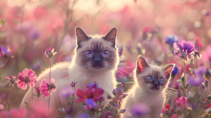 Cinematic photograph of siamese cat and baby in a field full of blooming flowers. Mother's Day....