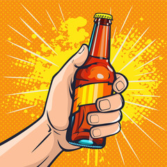 Glass bottle with drink in hand. Fast food illustration in pop art retro comic style