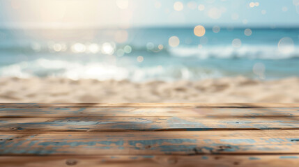 Fototapeta premium An empty wooden desk set against an ocean background with bokeh sunlight. Background for displaying summer and tropical beach products.