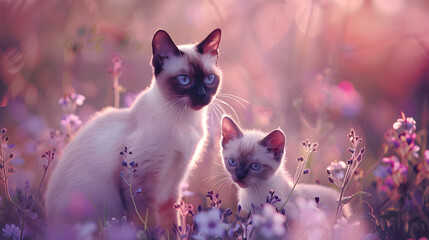 Cinematic photograph of siamese cat and baby in a field full of blooming flowers. Mother's Day. Pink and purple color palette.