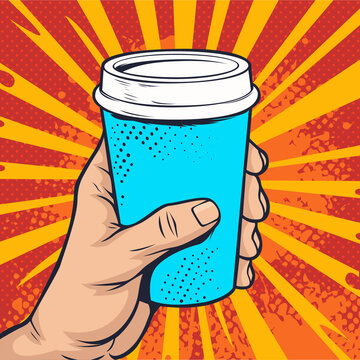 Hand holding a paper cup of coffee. Fast food illustration in pop art retro comic style.
