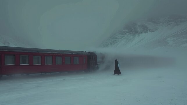 a red train traveling down train tracks covered in snow next to a tall snow covered mountain with a person standing next to it.