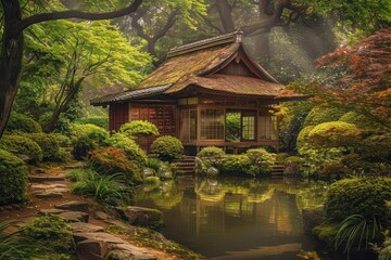 Traditional Japanese tea garden, with meticulously manicured paths, tranquil ponds, and a rustic tea house hidden among the trees. 