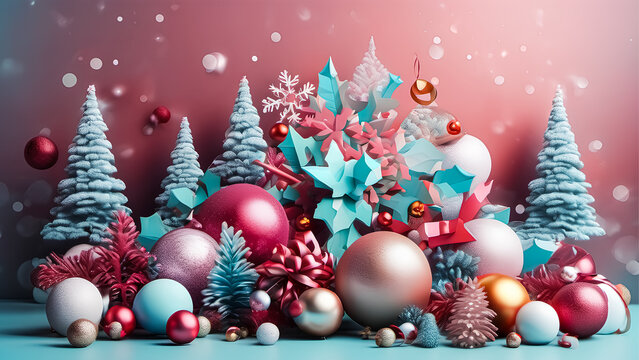 Colorful Xmas background realistic design objects - Christmas winter festive composition. Generative AI. V-1