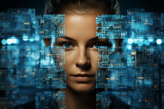 A woman with technological connections in her face in a technical backdrop with a copy space
