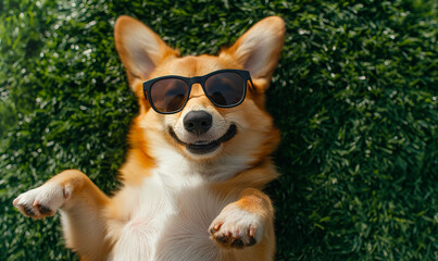 Joyful Corgi Dog with Sunglasses Lying on Green Grass