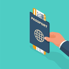 Man holds passport with tickets in hand. ID documents. Passport for travel and tourism. Personal identification. Vector illustration isometric design. Isolated on white background.