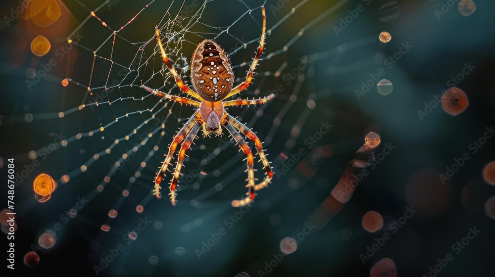Wall mural a close up of a spider on it's web with drops of dew on the spider's web.