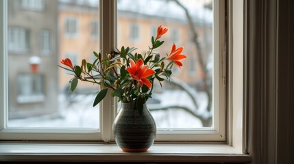 a vase filled with flowers sitting on top of a window sill next to a window sill with snow covered buildings in the background.
