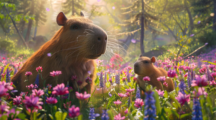 Cinematic photograph of capybara and baby in a field full of blooming flowers. Mother's Day. Pink...