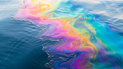 Vibrant multicolored iridescent oil sheen on liquid surface.