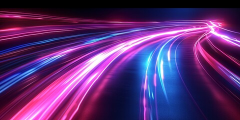 Futuristic light trails on a dark backdrop, ideal for banners, flyers, and posters.