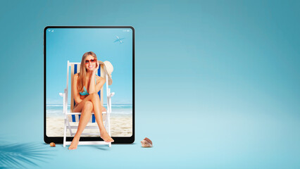Woman sunbathing and beach on tablet screen